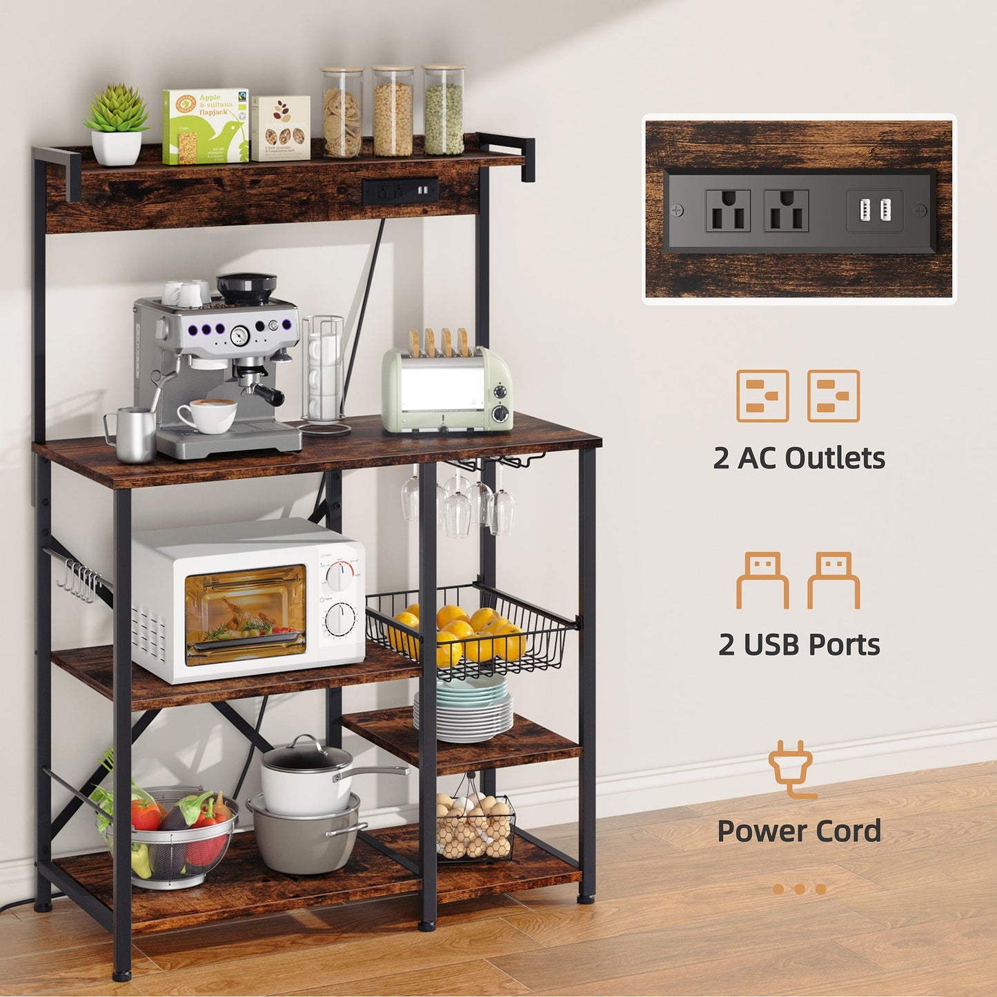 WALSUNNY Kitchen Bakers Rack with Power Outlet Coffee Bar Table 4 Tiers