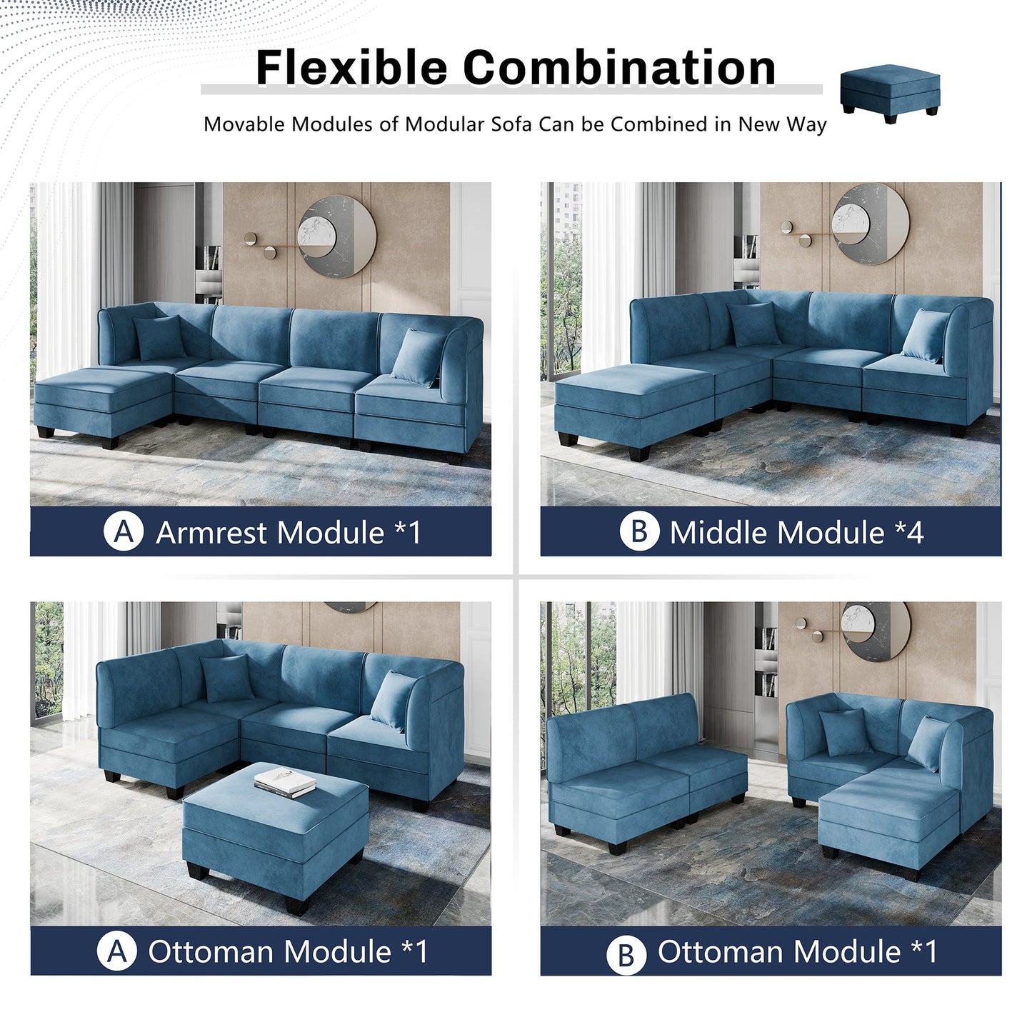 Walsunny Velvet 5 Pieces Modular Sectional Sofa L-Shaped Couch With Reversible Chaise