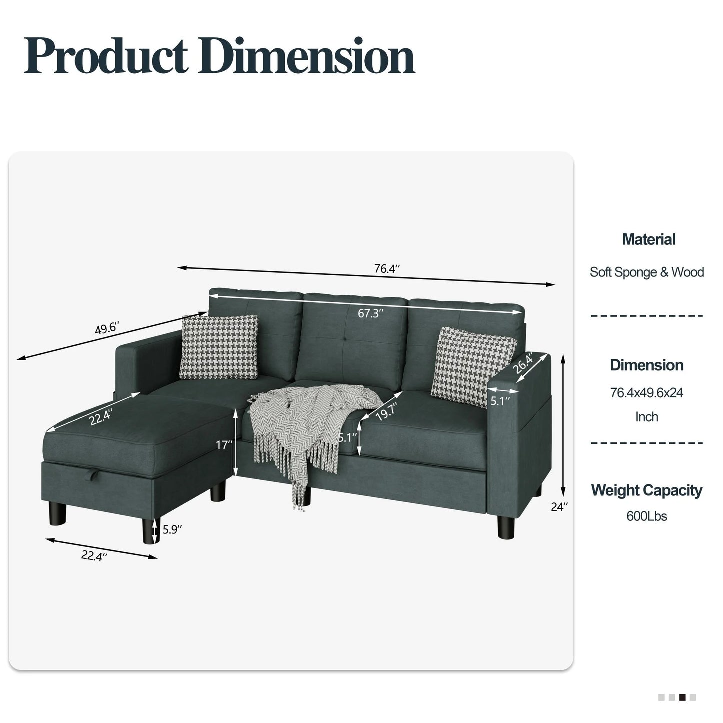 Walsunny Convertible Sectional Sofa Couch, Modern Linen Fabric L-Shaped Couch 3-Seat Sofa Sectional with Reversible Chaise for Small Living Room, Apartment and Small Space, Dark Gray