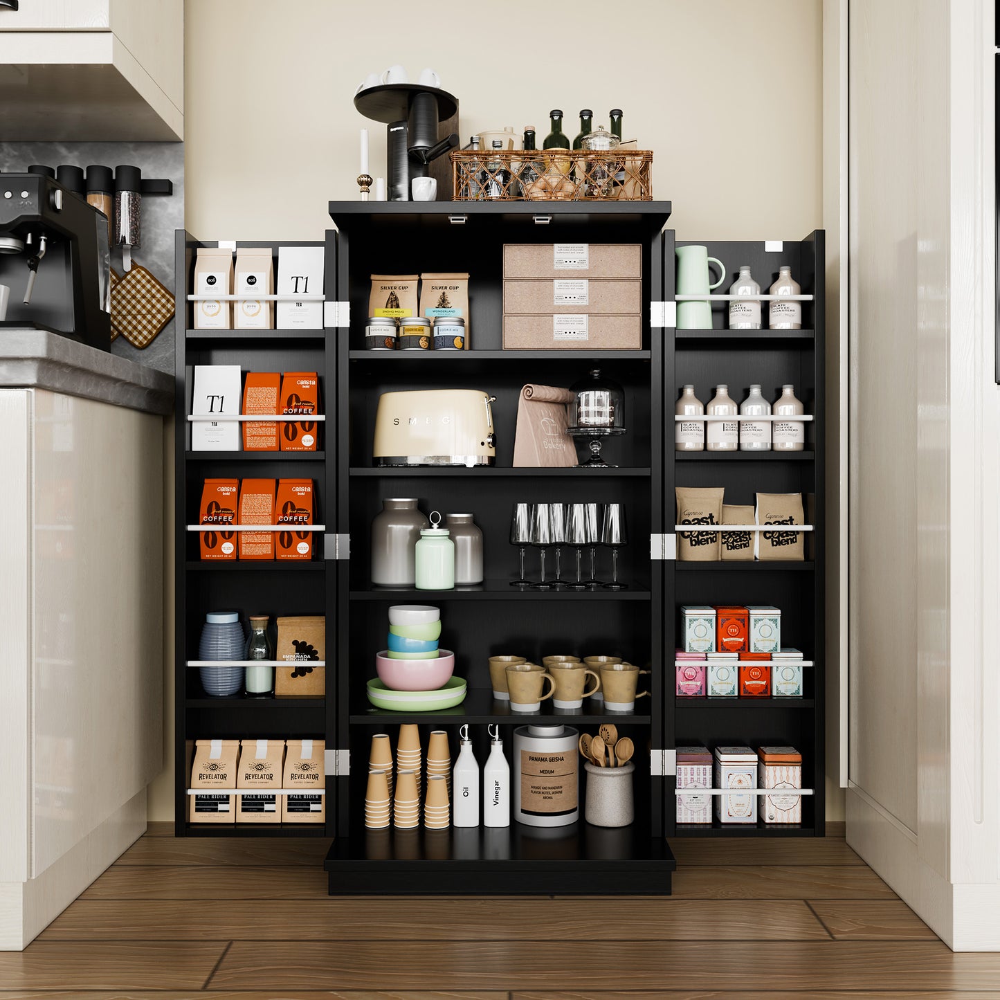 Meilocar 47in Kitchen Pantry Cabinet, Wood Kitchen Storage Pantry Cabinets Freestanding Pantries Cabinets with Doors & Adjustable Shelves, White