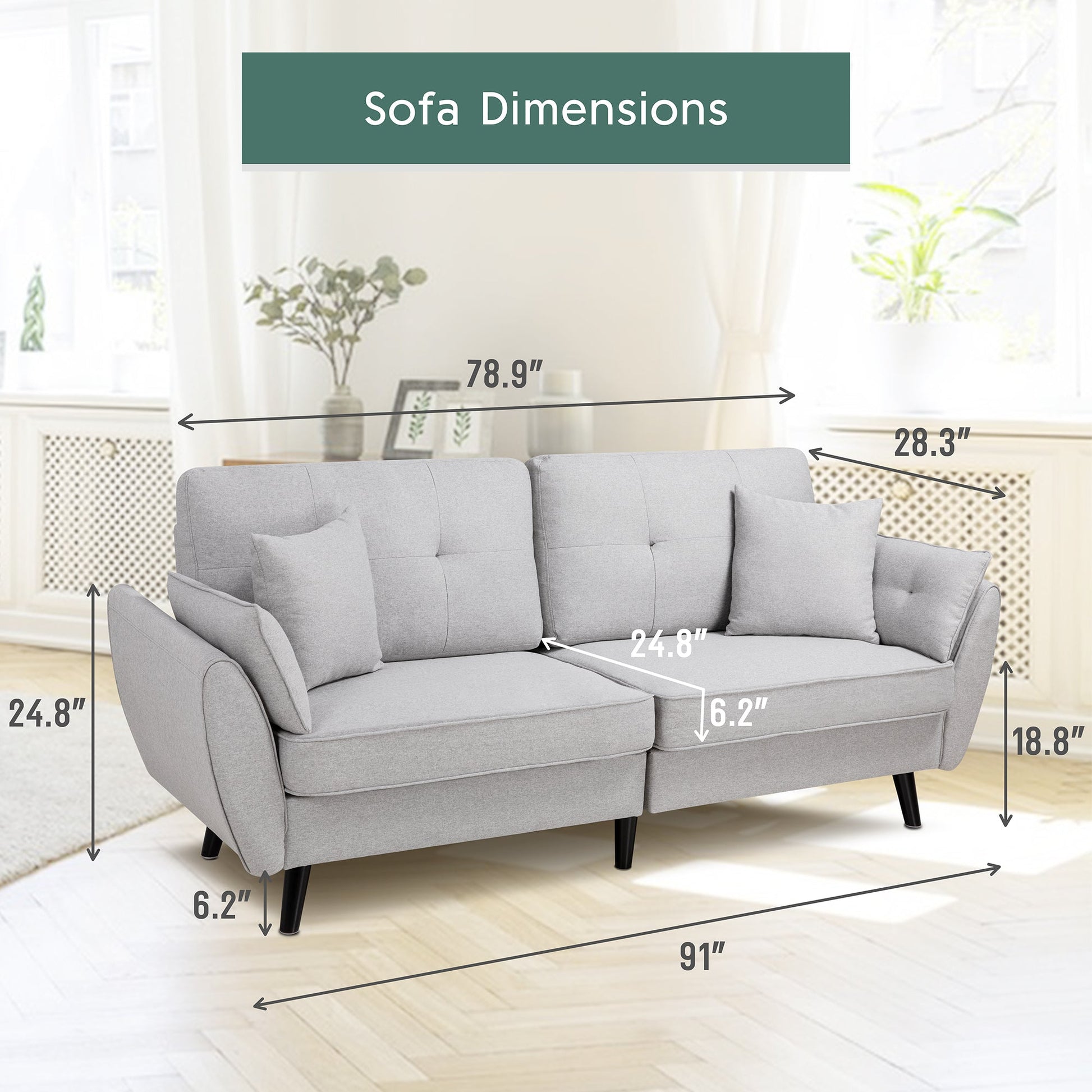 Walsunny 91‘’ 3-Seat Sofa Couch With Pillows#color_light-grey
