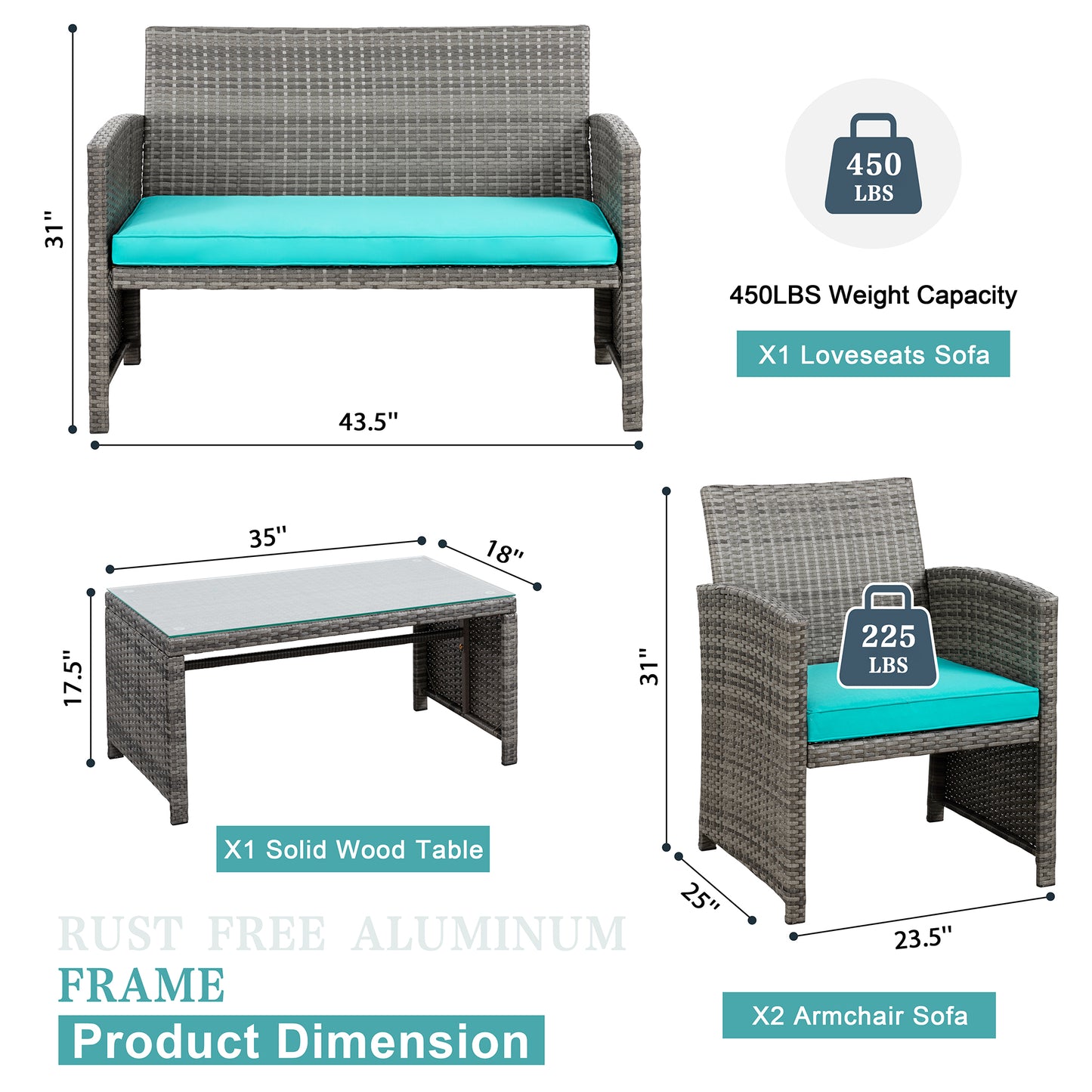 Walsunny 4 Piece Patio Furniture Set, Outdoor Furniture Set Patio Wicker Conversation Set with Cushions and Tempered Glass Tabletop for Lawn Backyard Pool Garden