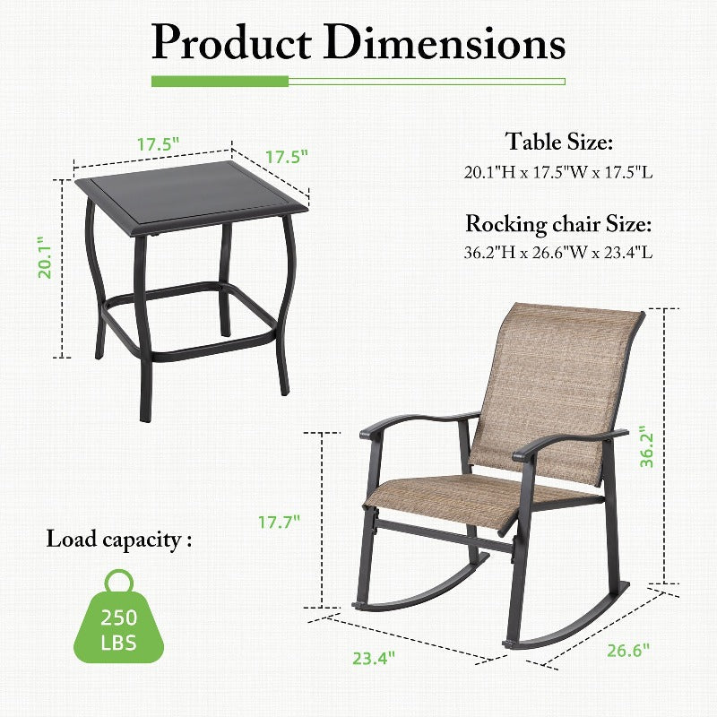 Walsunny Patio Furniture 3 Pieces Textilene Outdoor Bistro Rocking Chair Set