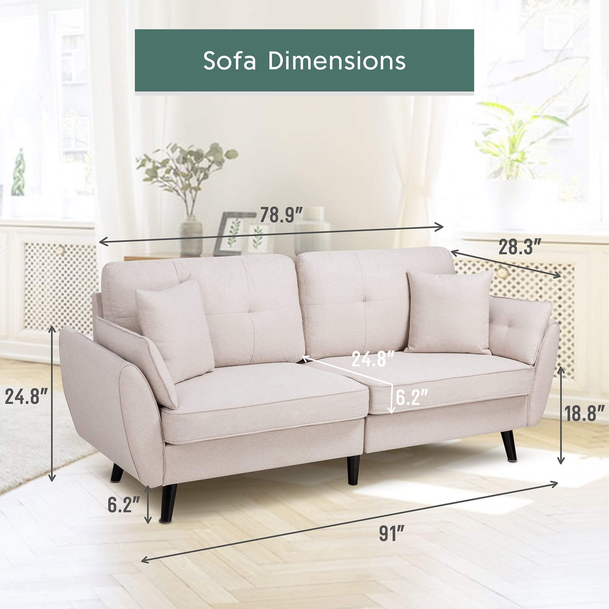 Walsunny 91‘’ 3-Seat Sofa Couch With Pillows#color_creamy-white