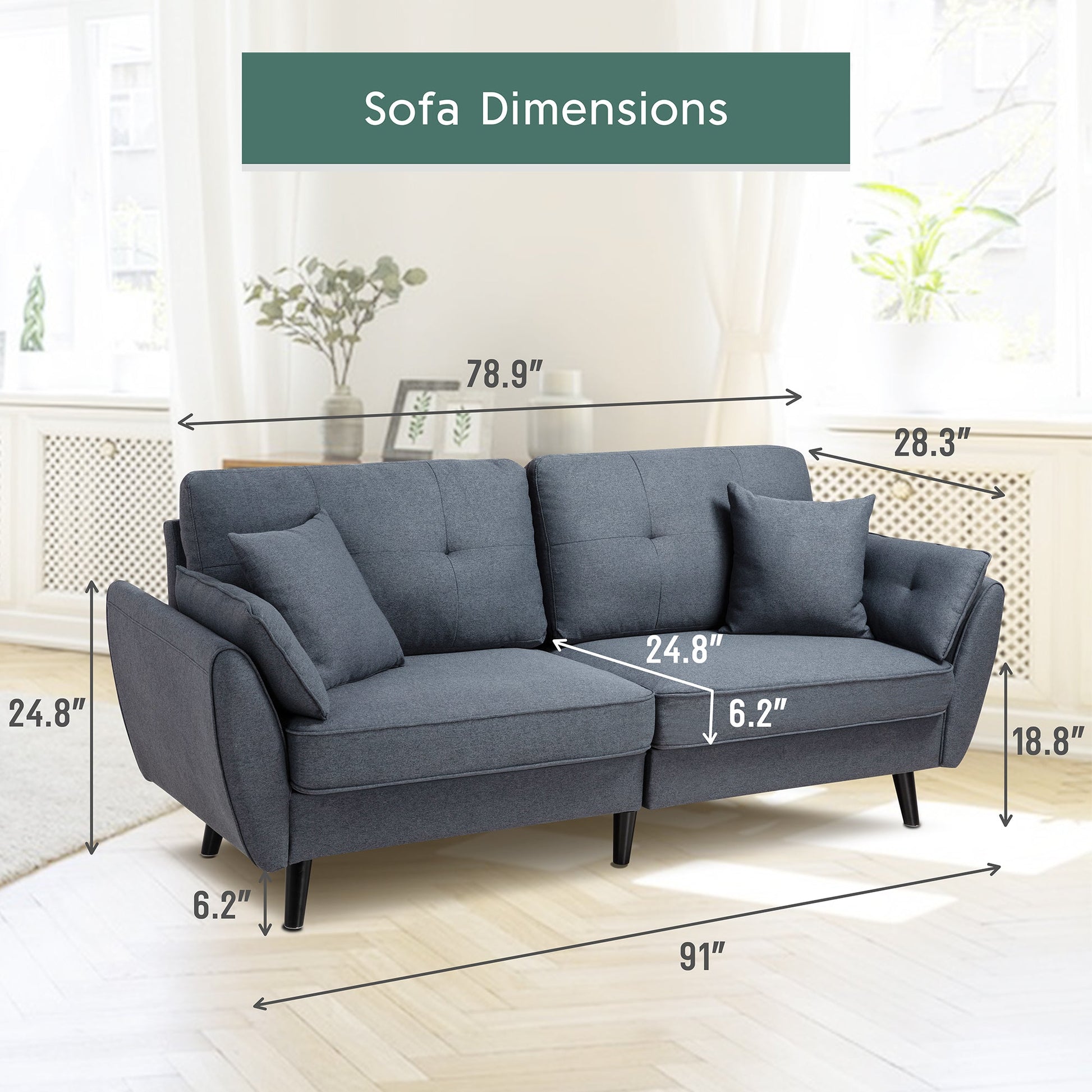 Walsunny 91‘’ 3-Seat Sofa Couch With Pillows#color_dark-grey