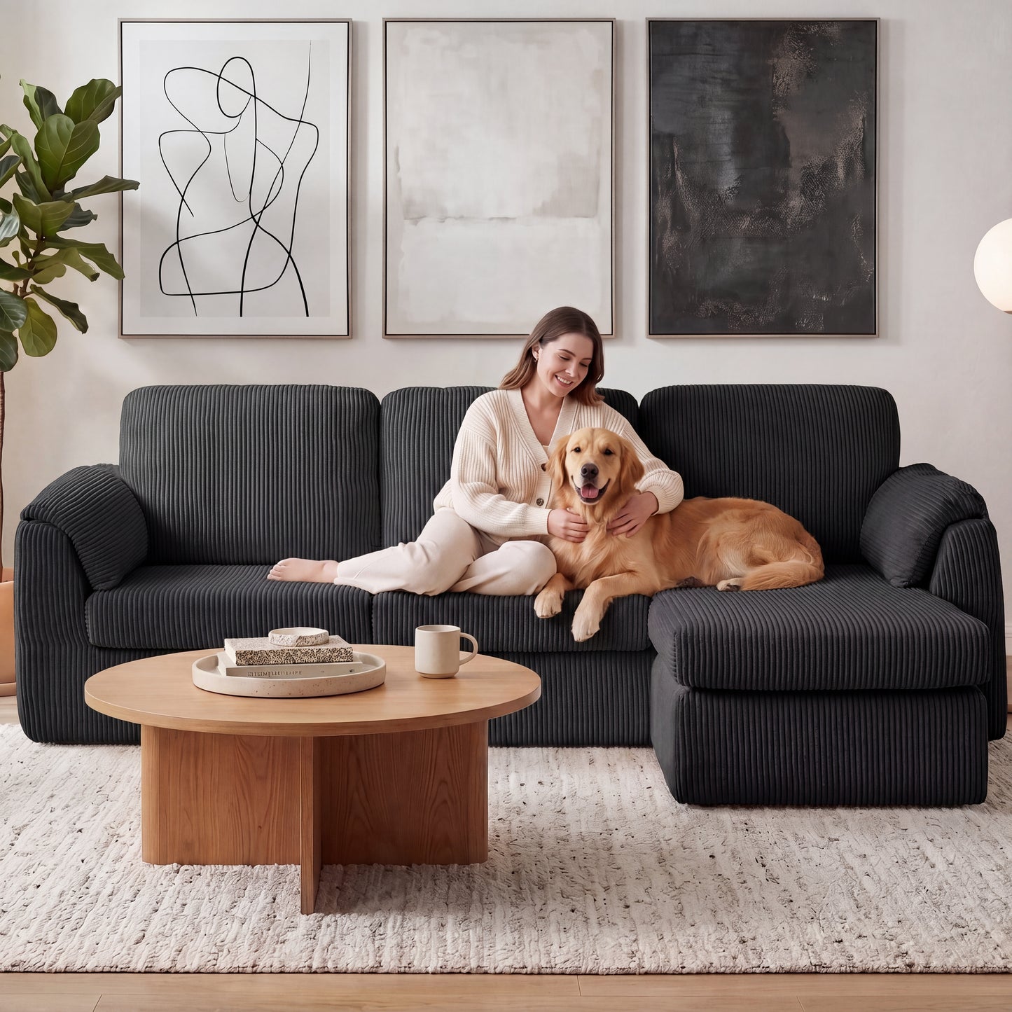 Walsunny Sectional Sofa with Storage Chaise and Ottoman, 3 Seat L-shaped Sofa Couch, Modern Soft Fabric Modular Sofa for Living Room