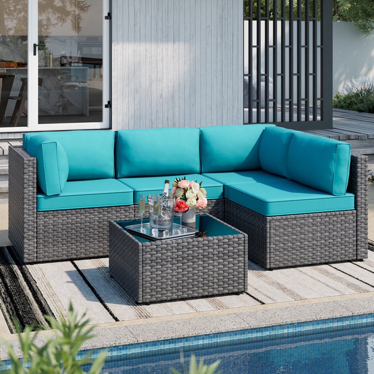 Walsunny 5 Pieces Outdoor Furniture Patio Sectional Sofa Set, Wicker Rattan Conversation Sets with Cushions and Glass Table, Silver Rattan Blue Cushions