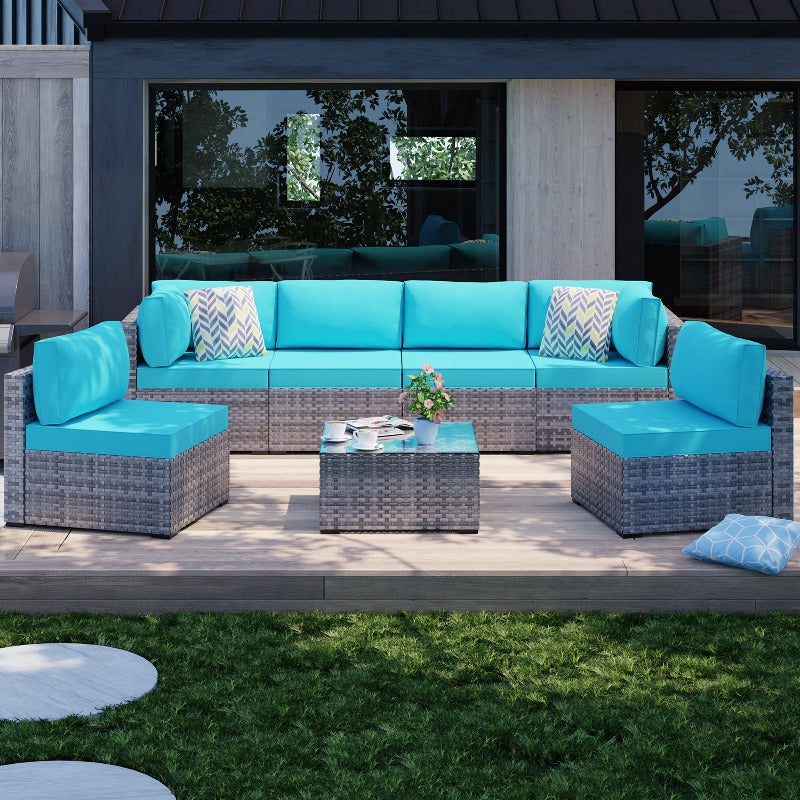 Walsunny Patio Furniture 7 Pieces Outdoor Sectional Sofa Set, Silver Wicker#color_blue