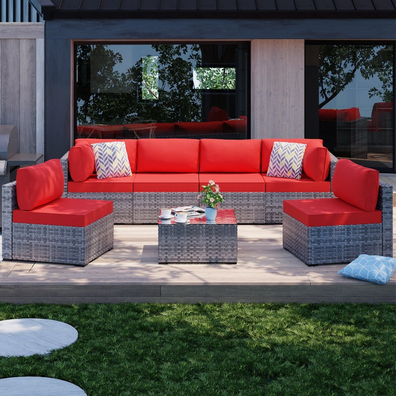 Walsunny Patio Furniture 7 Pieces Outdoor Sectional Sofa Set, Silver Wicker#color_red