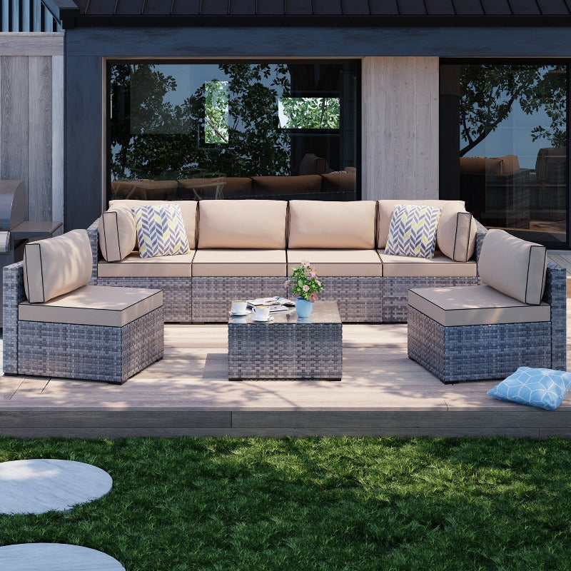 Walsunny Patio Furniture 7 Pieces Outdoor Sectional Sofa Set, Silver Wicker#color_khaki