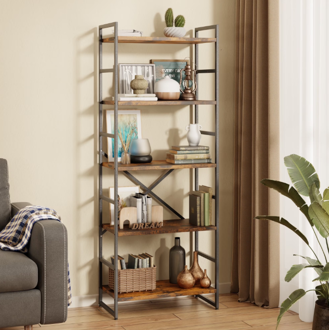 Walsunny Bookshelves Wooden Bookcases 5 Tiers H-Shaped Bookshelf with 5 Open Display Shelves