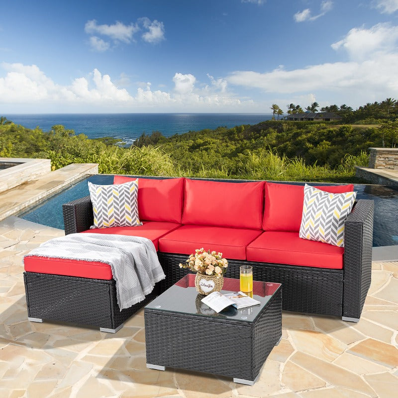 Walsunny Patio Furniture 3 Pieces Outdoor Sectional Sofa Set With Chaise, Black Wicker#color_red