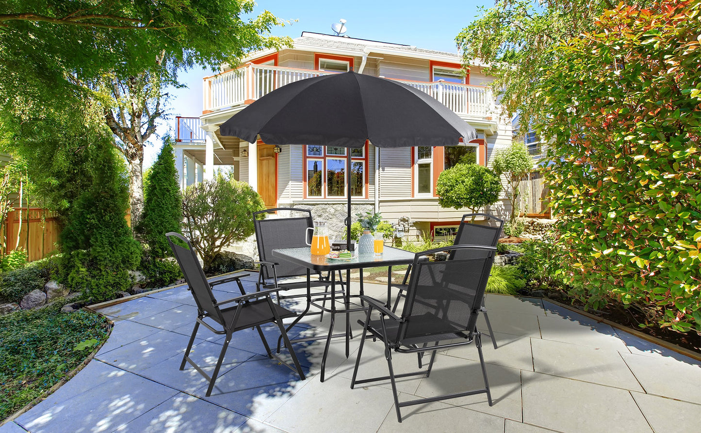 Walsunny Patio Furniture 6 Pieces Texilene Outdoor Folding Dining Set With Umbrella