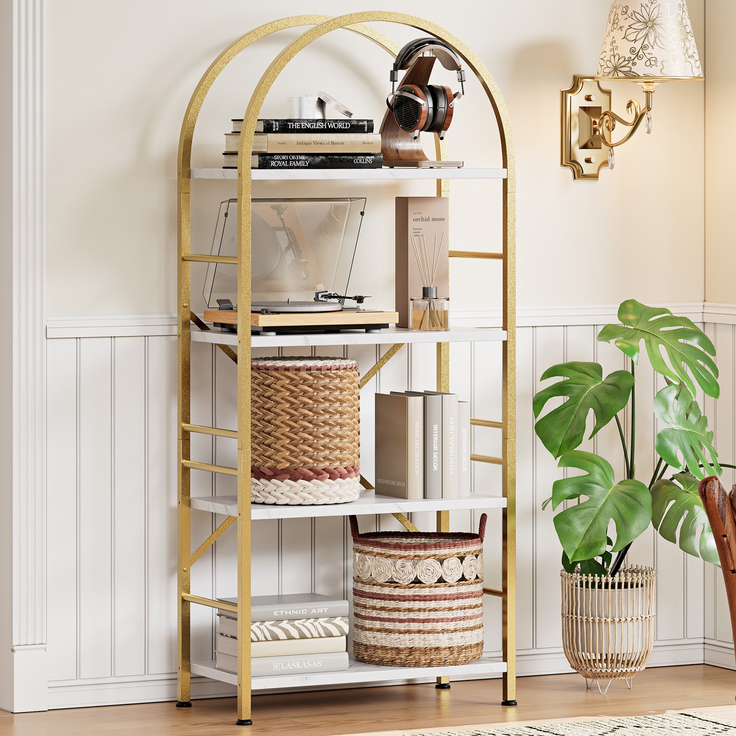 Walsunny 4-Tier Arched Bookshelf Industrial Open Storage Shelf, Display Bookshelves with Metal Frame, Rustic Wood Tall Bookcase for Living Room, Home Office,
