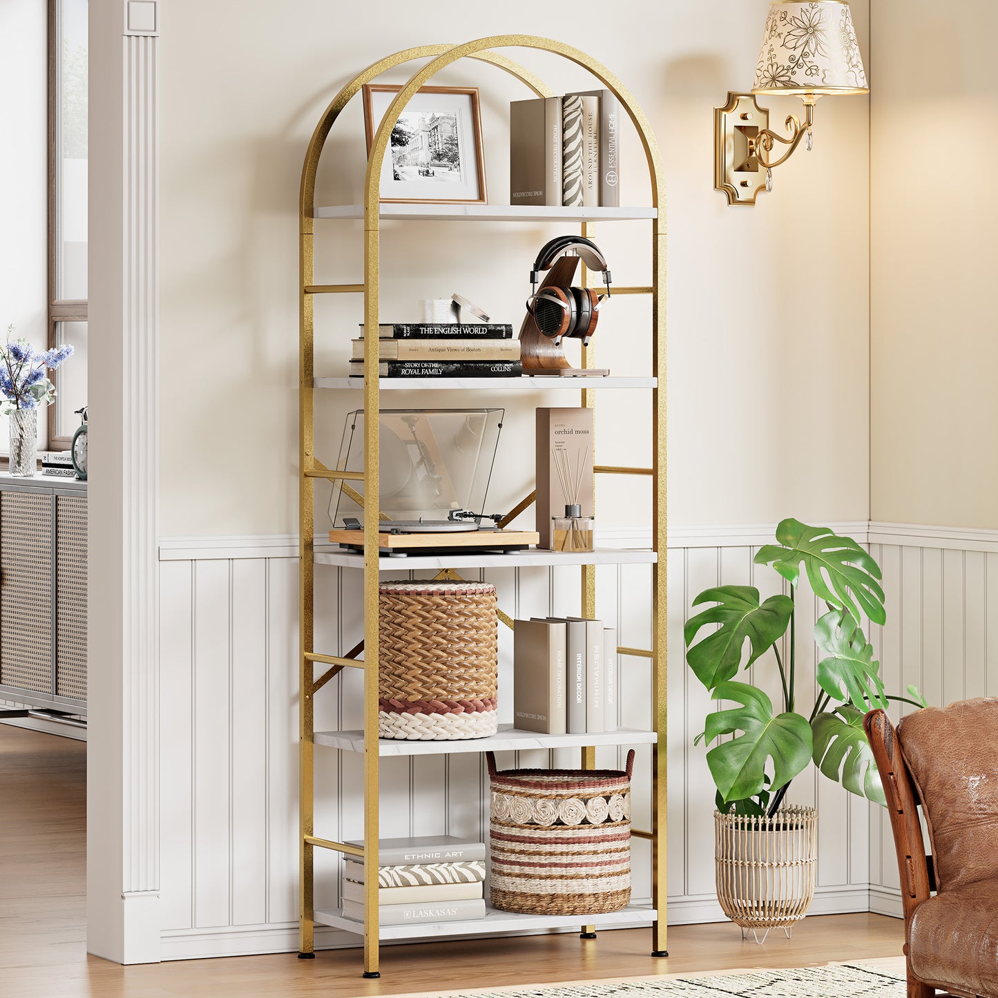 Walsunny 4-Tier Arched Bookshelf Industrial Open Storage Shelf, Display Bookshelves with Metal Frame, Rustic Wood Tall Bookcase for Living Room, Home Office,