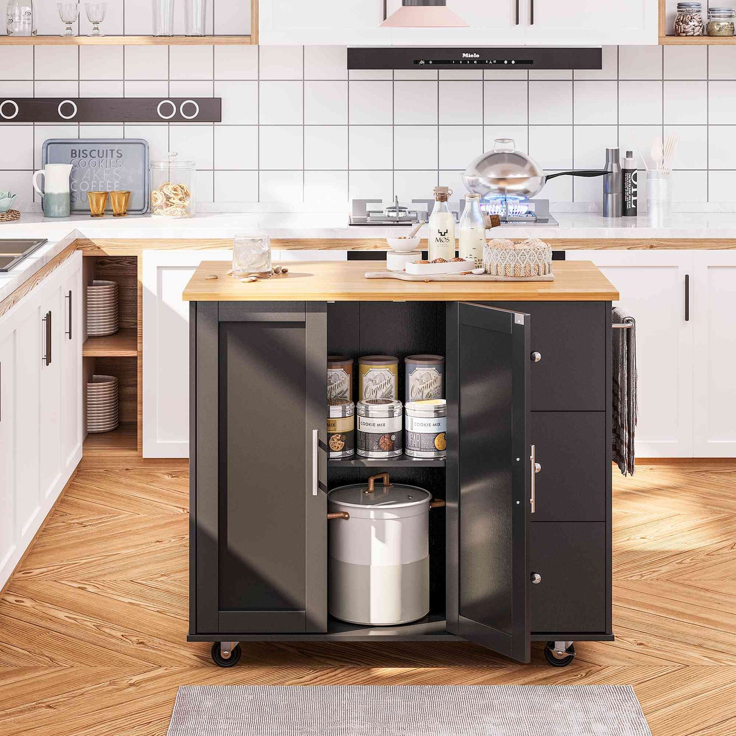 Walsunny Kitchen Island on Wheels with Storage Cabinet & Foldable Drop Leaf, 39.7" Width Rolling Kitchen Table