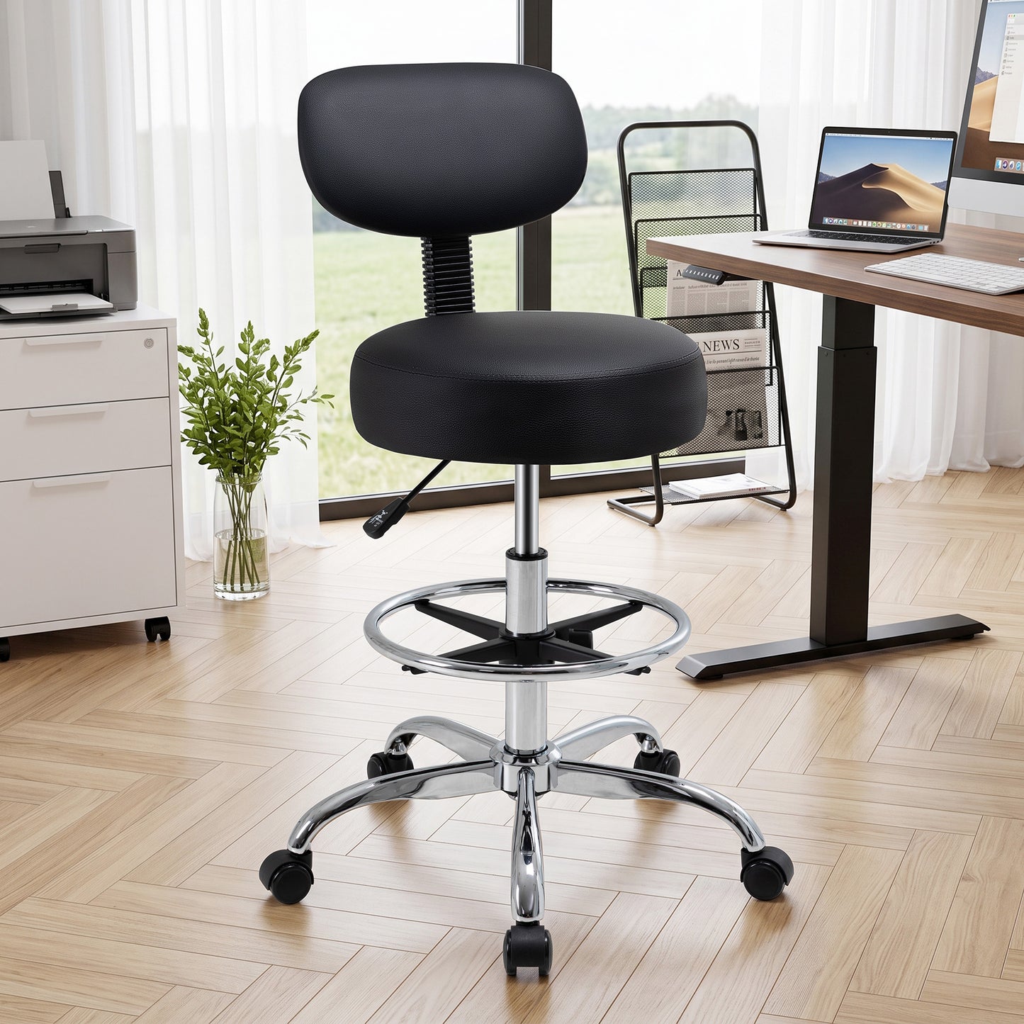 Walsunny Drafting Office Chair with Low Back, Swivel Draft Rolling Stool with Footrest, Armless PU Leather Desk Chair, Adjustable Height, Black