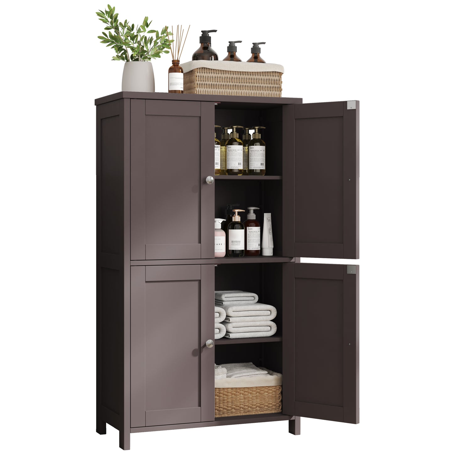 Walsunny Bathroom Storage Floor Cabinet Organizer with Adjustable Shelf 4 Magnetic Doors 43" Wooden Pantry Cabinet Freestanding for Kitchen Living Room Small Spaces