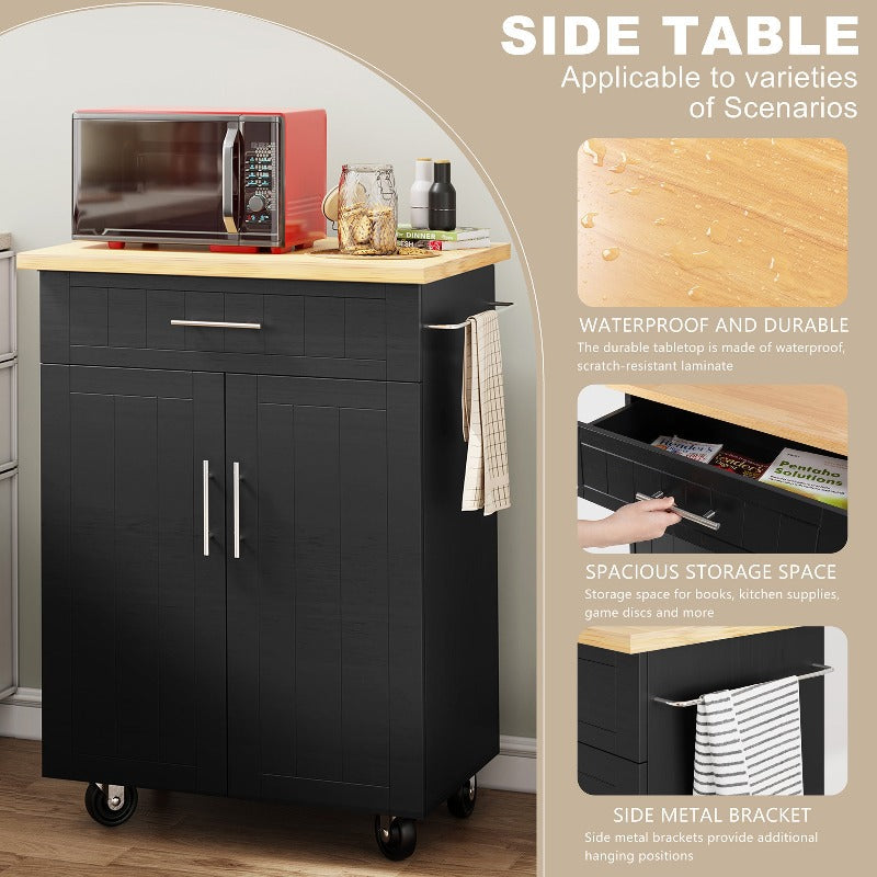 Walsunny 26‘’ Rolling Kitchen Island with Solid Wood Top#color_black