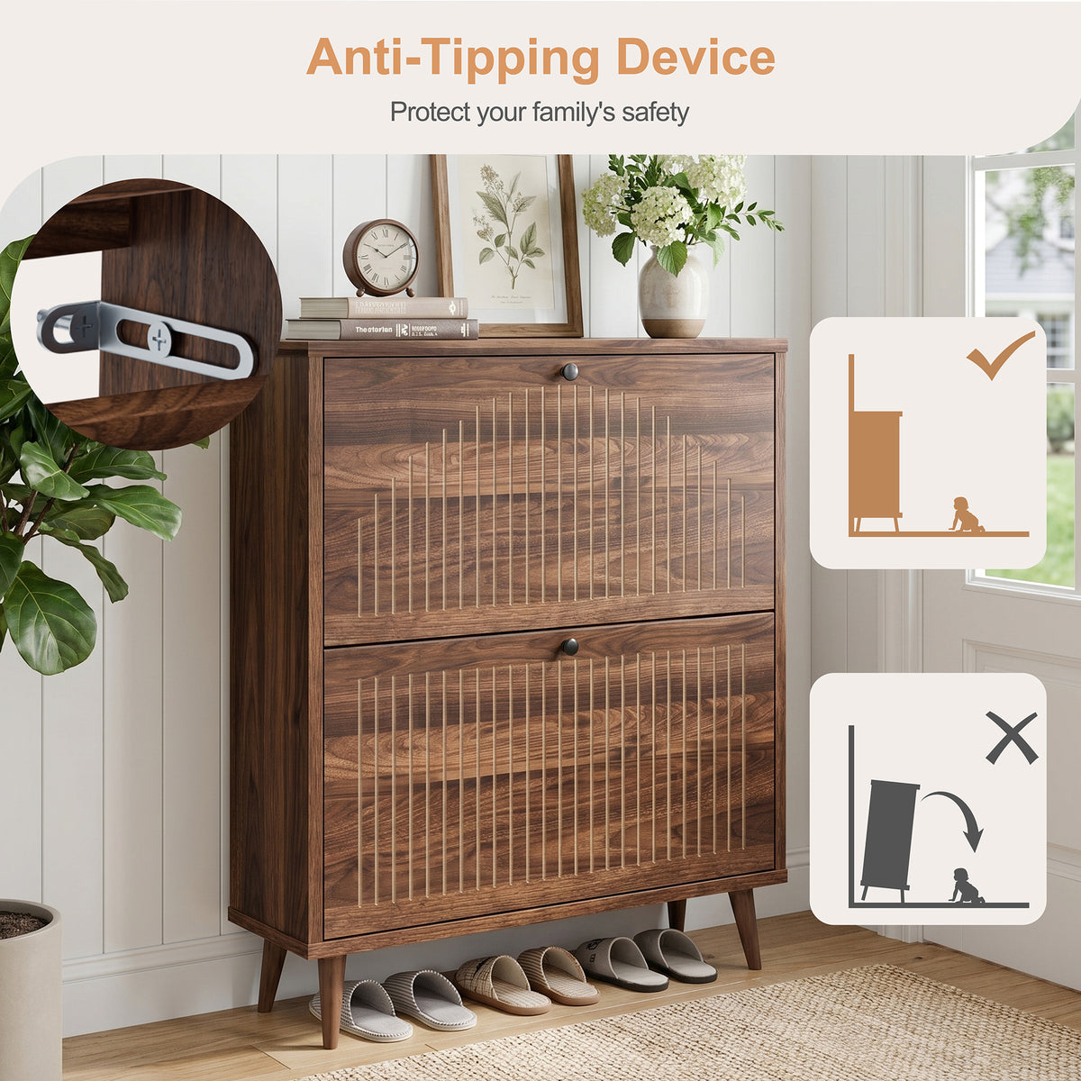 Walsunny Shoe Storage Cabinet with Flip Drawers, Slim Shoe Organizer Cabinet with Adjustable Shelves Wood Shoe Cabinet for Entryway