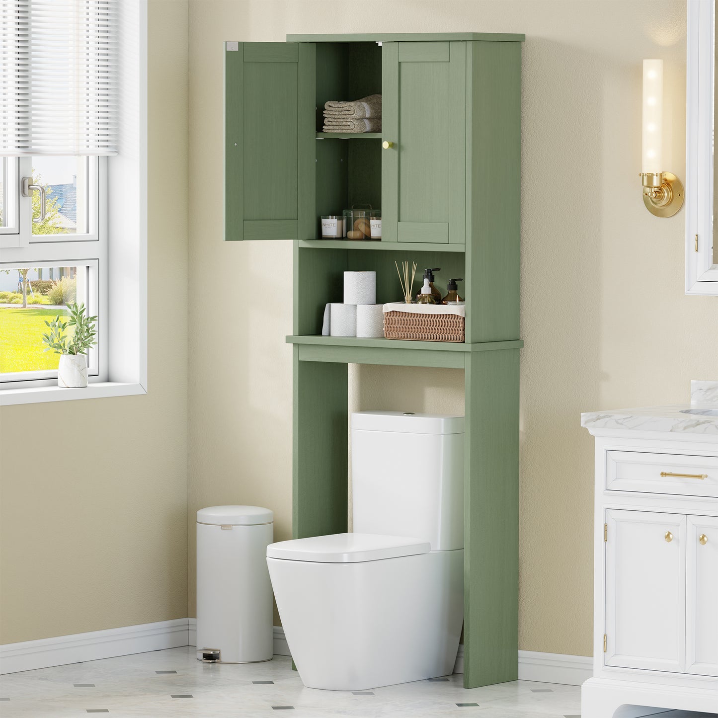 Walsunny Over The Toilet Storage Cabinet, Bathroom Shelf Organizer with Anti-Tip Device Small Freestanding Space Saver with Adjustable Shelf