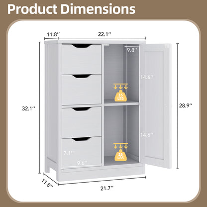 Shintenchi Bathroom Floor Storage Cabinet, Wooden Storage Organizer with 4 Drawers and 1 Cupboard, Freestanding Bathroom Furniture, Home Storage Unit with Adjustable Shelf