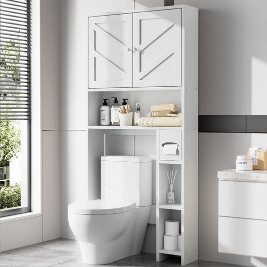 Walsunny Over The Toilet Storage Cabinet,Bathroom Adjustable Shelf Organizer with Open Bottom Bar and Anti-Tip Device White