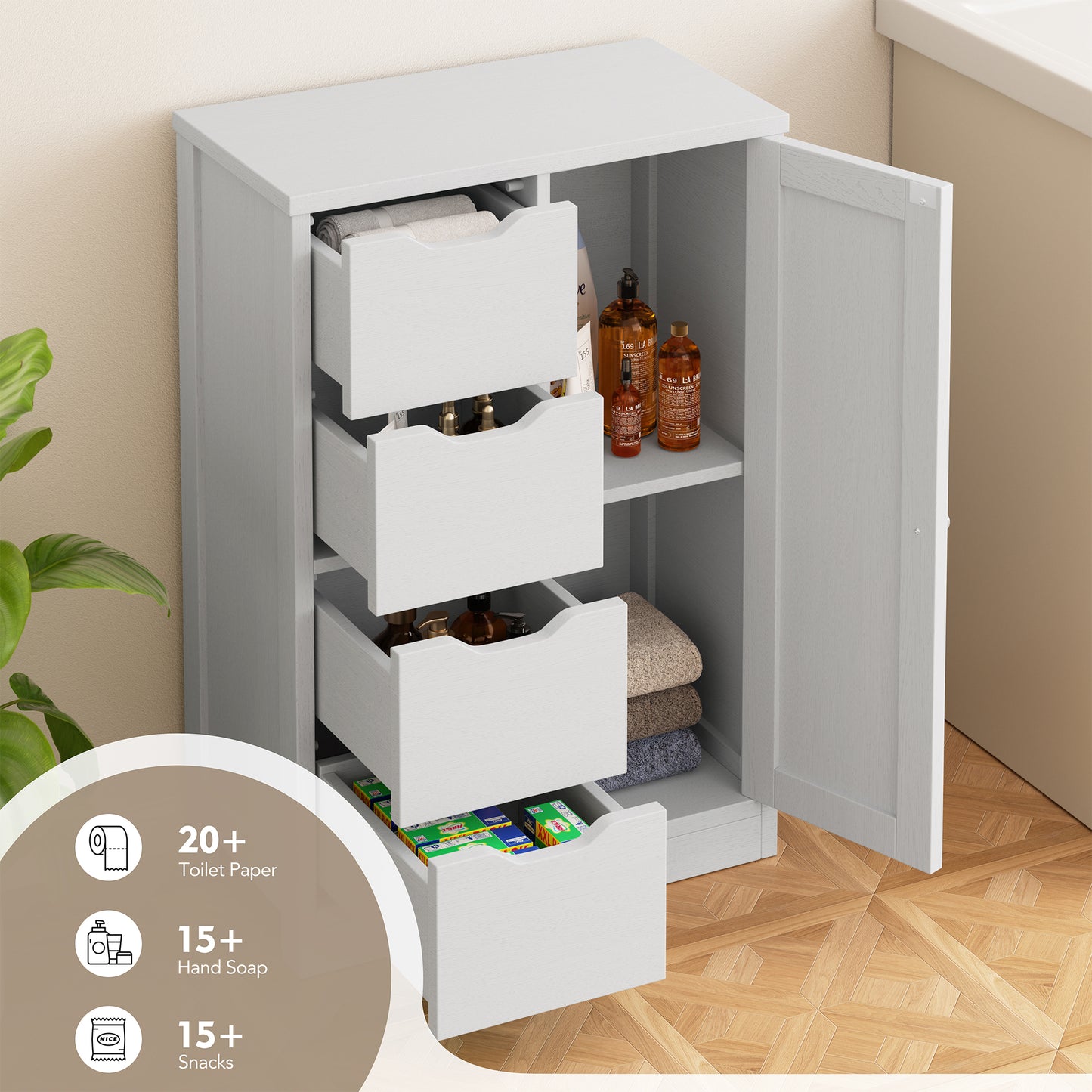 Vongrasig Bathroom Storage Cabinet withStorage,Farmhouse Freestanding PantryCabinet with 2 Drawers and Shelves, WoodenStorage Organizer for Bathroom, Living Room, Grey