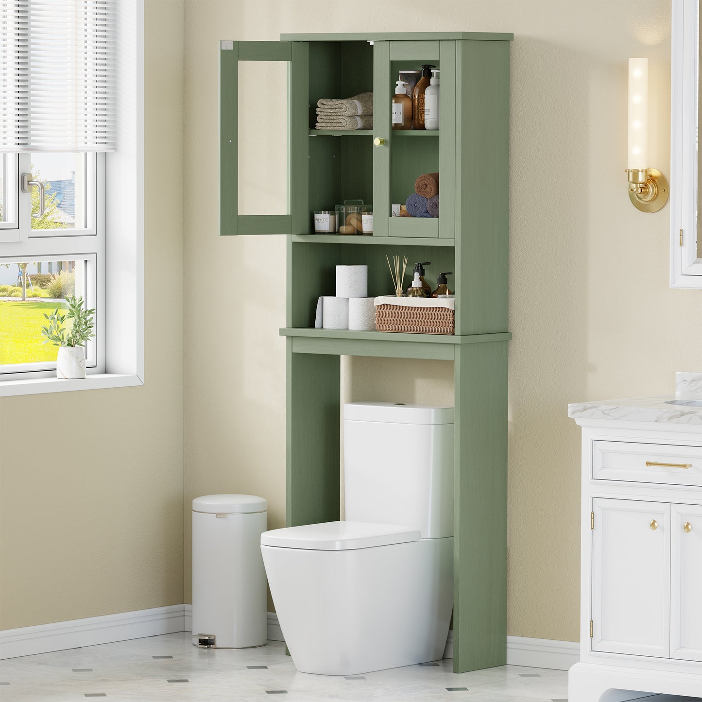 Walsunny Over The Toilet Storage Cabinet, Bathroom Shelf Organizer with Anti-Tip Device Small Freestanding Space Saver with Adjustable Shelf