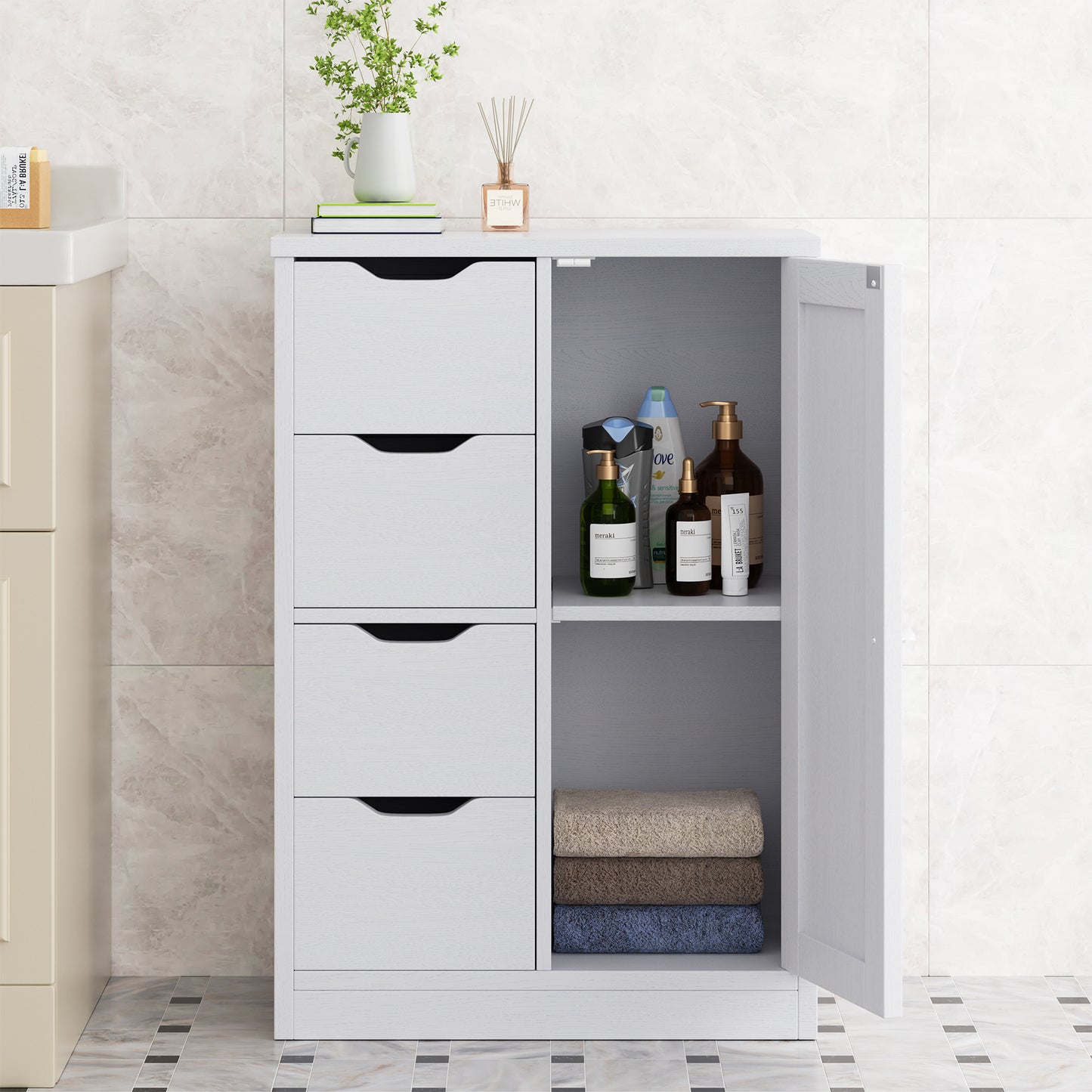 Vongrasig Bathroom Storage Cabinet withStorage,Farmhouse Freestanding PantryCabinet with 2 Drawers and Shelves, WoodenStorage Organizer for Bathroom, Living Room, Grey