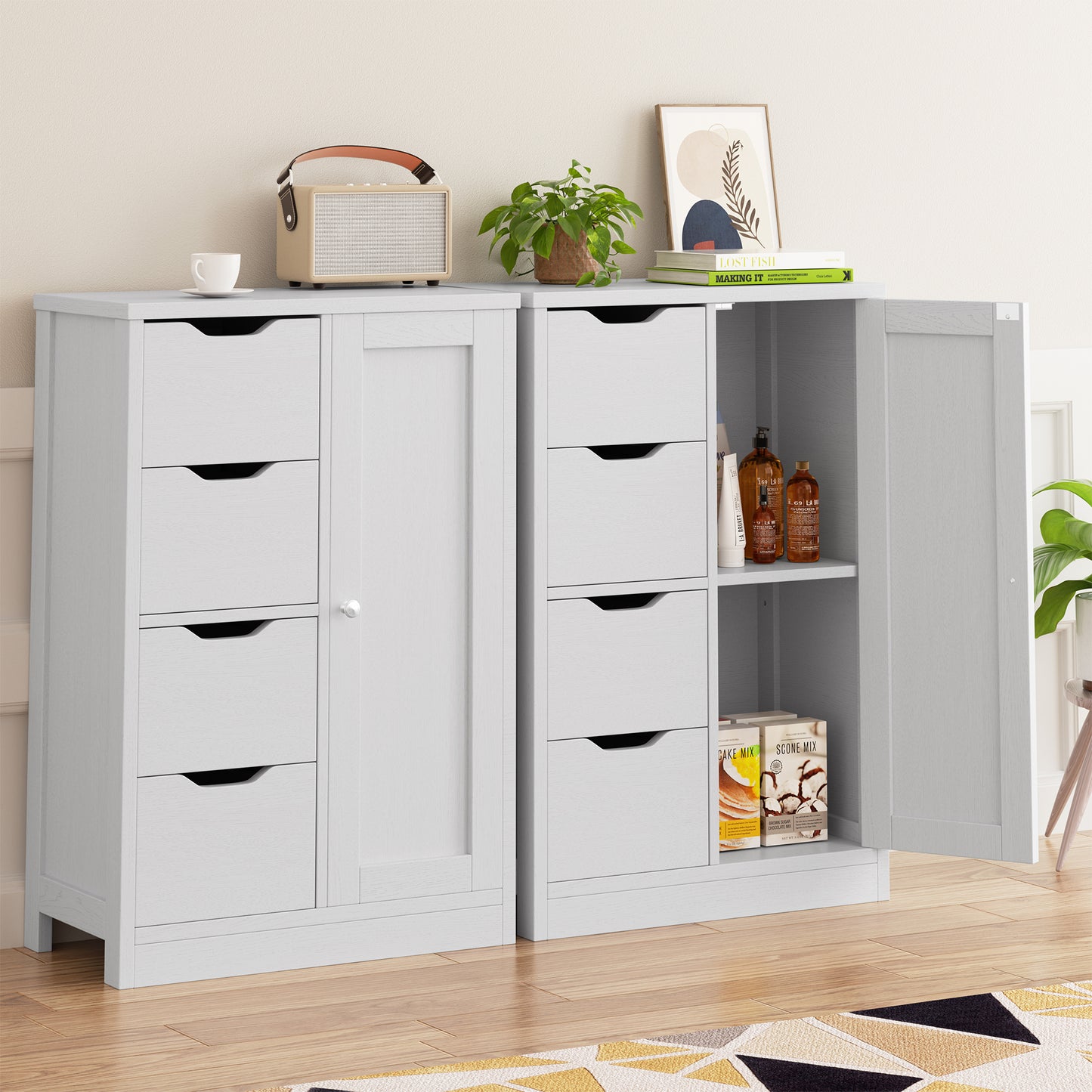 Shintenchi Bathroom Floor Storage Cabinet, Wooden Storage Organizer with 4 Drawers and 1 Cupboard, Freestanding Bathroom Furniture, Home Storage Unit with Adjustable Shelf