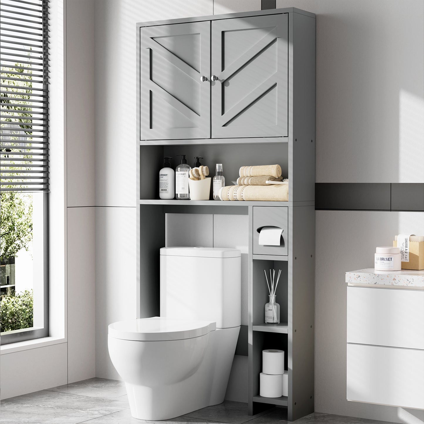 Walsunny Over The Toilet Storage Cabinet,Bathroom Adjustable Shelf Organizer with Open Bottom Bar and Anti-Tip Device White