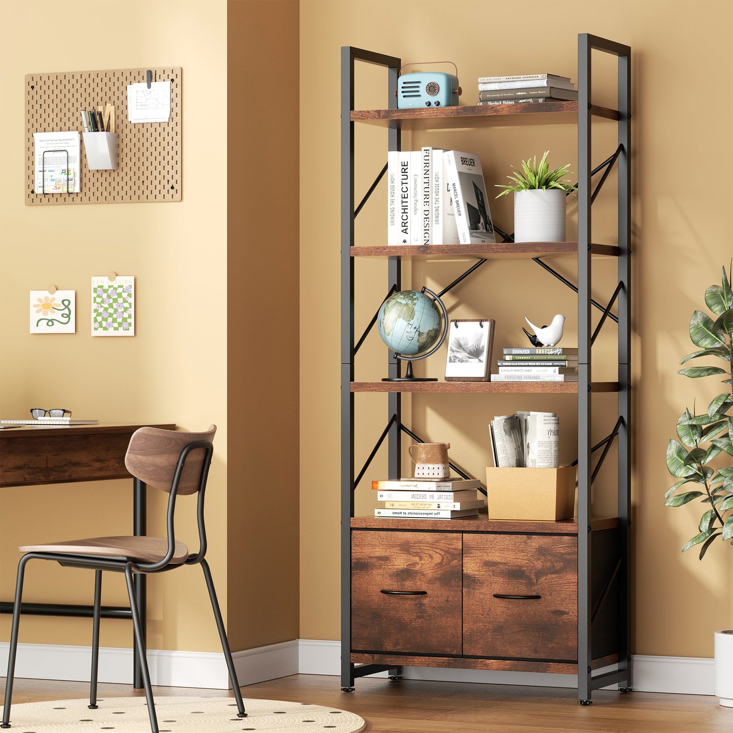 Walsunny Bookshelf Organizer, Solid Rubberwood Frame, Espresso Finish, 23.8" D x 12" W x 62.4" H