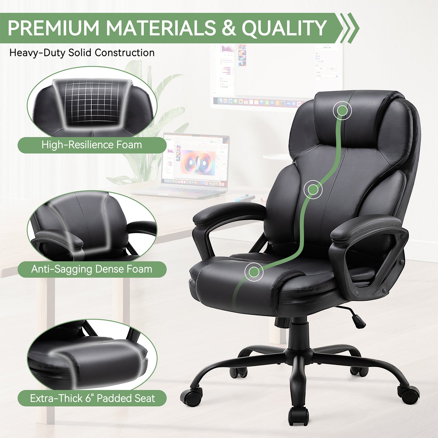 Walsunny Leather Office Chair, Big and Tall Executive Office Chair, High Back Ergonomic Wide Seat Computer Desk Chair, Adjustable Task Chair with Lumbar Support