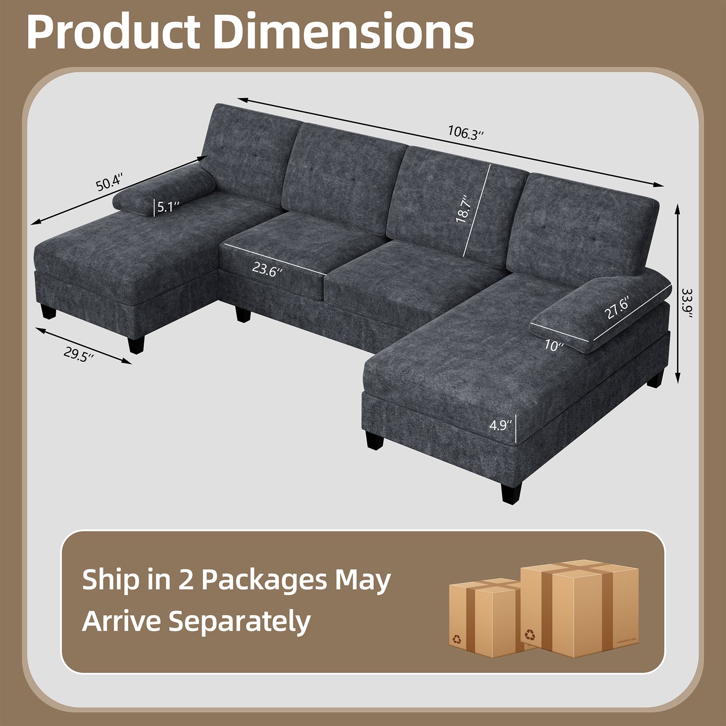 Walsunny 106'' 4-Seat U Shaped Modern Sectional Sofa with  Double Chaises