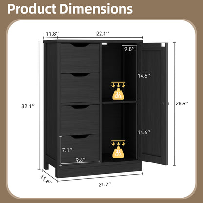 Shintenchi Bathroom Floor Storage Cabinet, Wooden Storage Organizer with 4 Drawers and 1 Cupboard, Freestanding Bathroom Furniture, Home Storage Unit with Adjustable Shelf