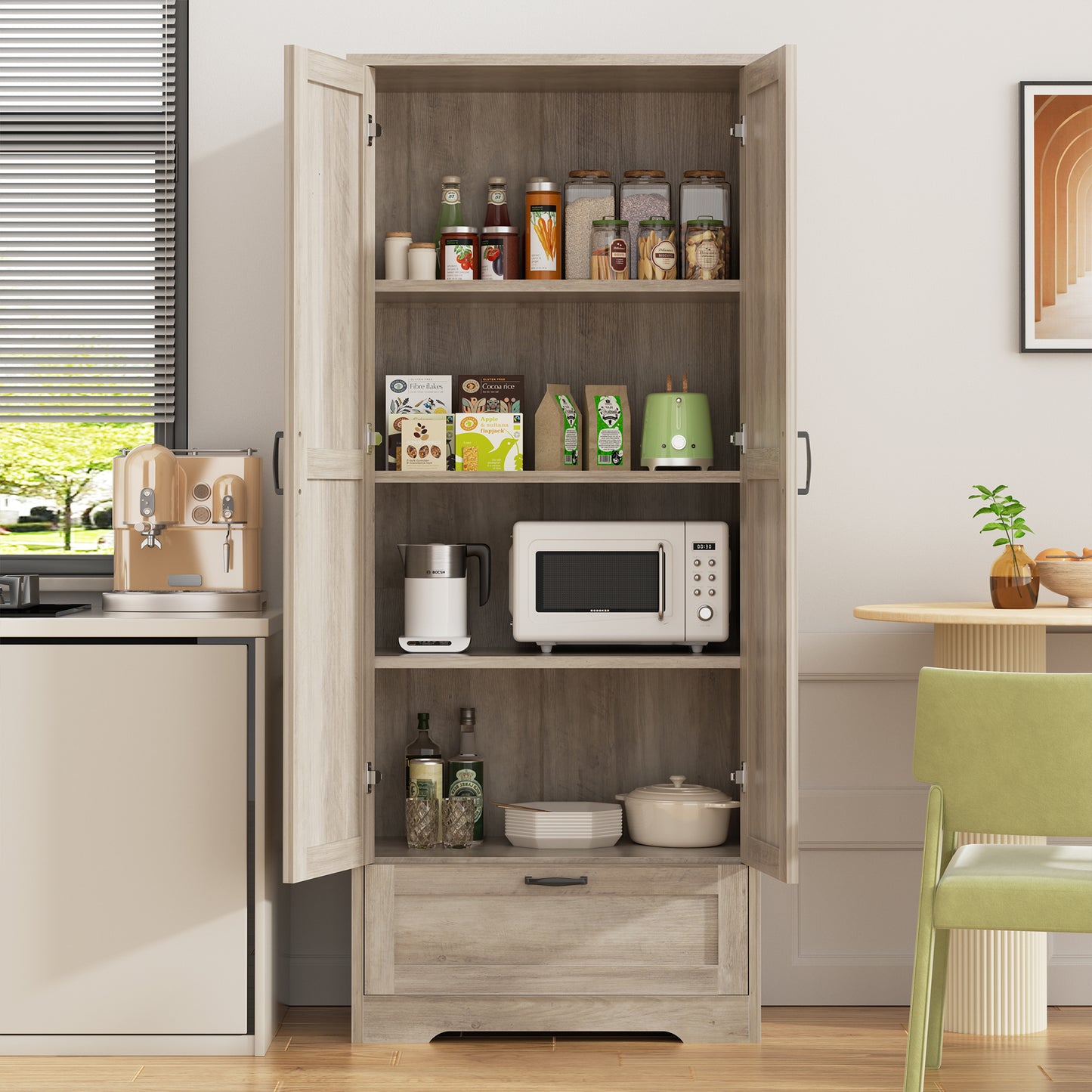 Walsunny 65" Kitchen Pantry Cabinet Freestanding Farmhouse Storage Cabinet with 4 Shelves and 1 Drawer Tall Cupboard Brown