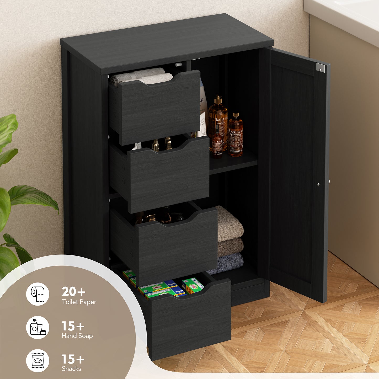 Shintenchi Bathroom Floor Storage Cabinet, Wooden Storage Organizer with 4 Drawers and 1 Cupboard, Freestanding Bathroom Furniture, Home Storage Unit with Adjustable Shelf