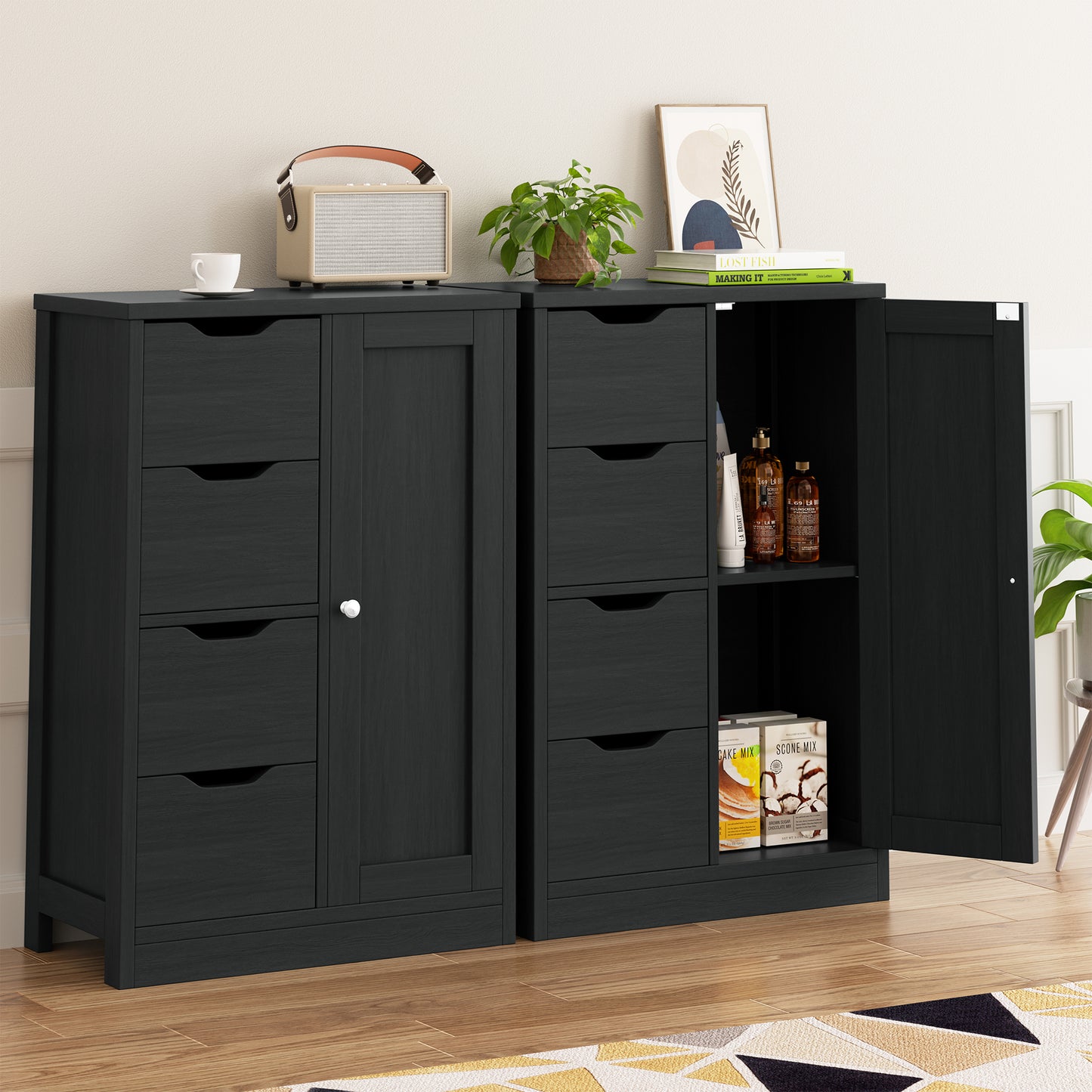 Shintenchi Bathroom Floor Storage Cabinet, Wooden Storage Organizer with 4 Drawers and 1 Cupboard, Freestanding Bathroom Furniture, Home Storage Unit with Adjustable Shelf