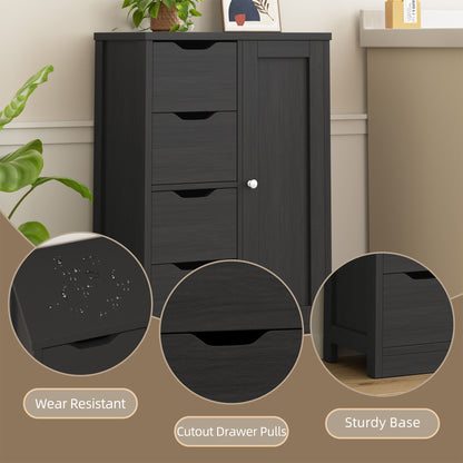 Shintenchi Bathroom Floor Storage Cabinet, Wooden Storage Organizer with 4 Drawers and 1 Cupboard, Freestanding Bathroom Furniture, Home Storage Unit with Adjustable Shelf