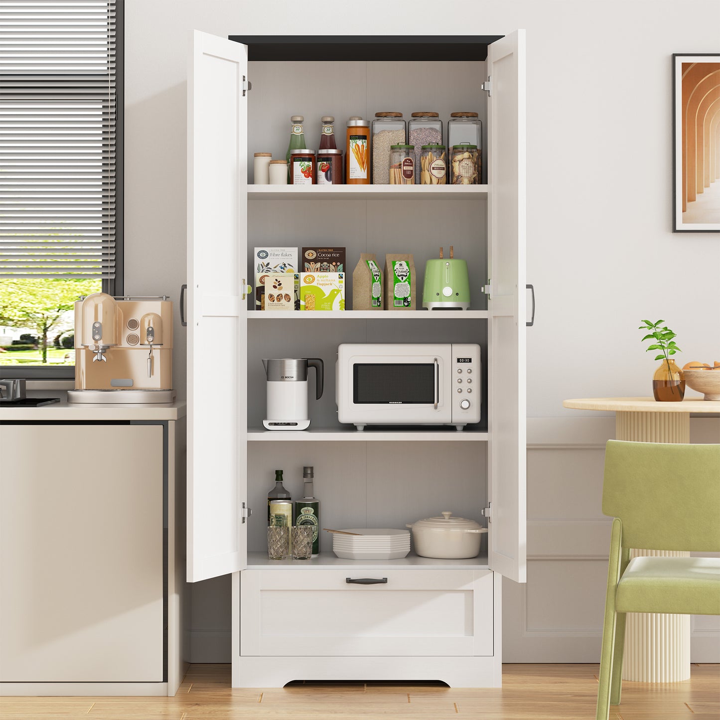 Walsunny 65" Kitchen Pantry Cabinet Freestanding Farmhouse Storage Cabinet with 4 Shelves and 1 Drawer Tall Cupboard Brown