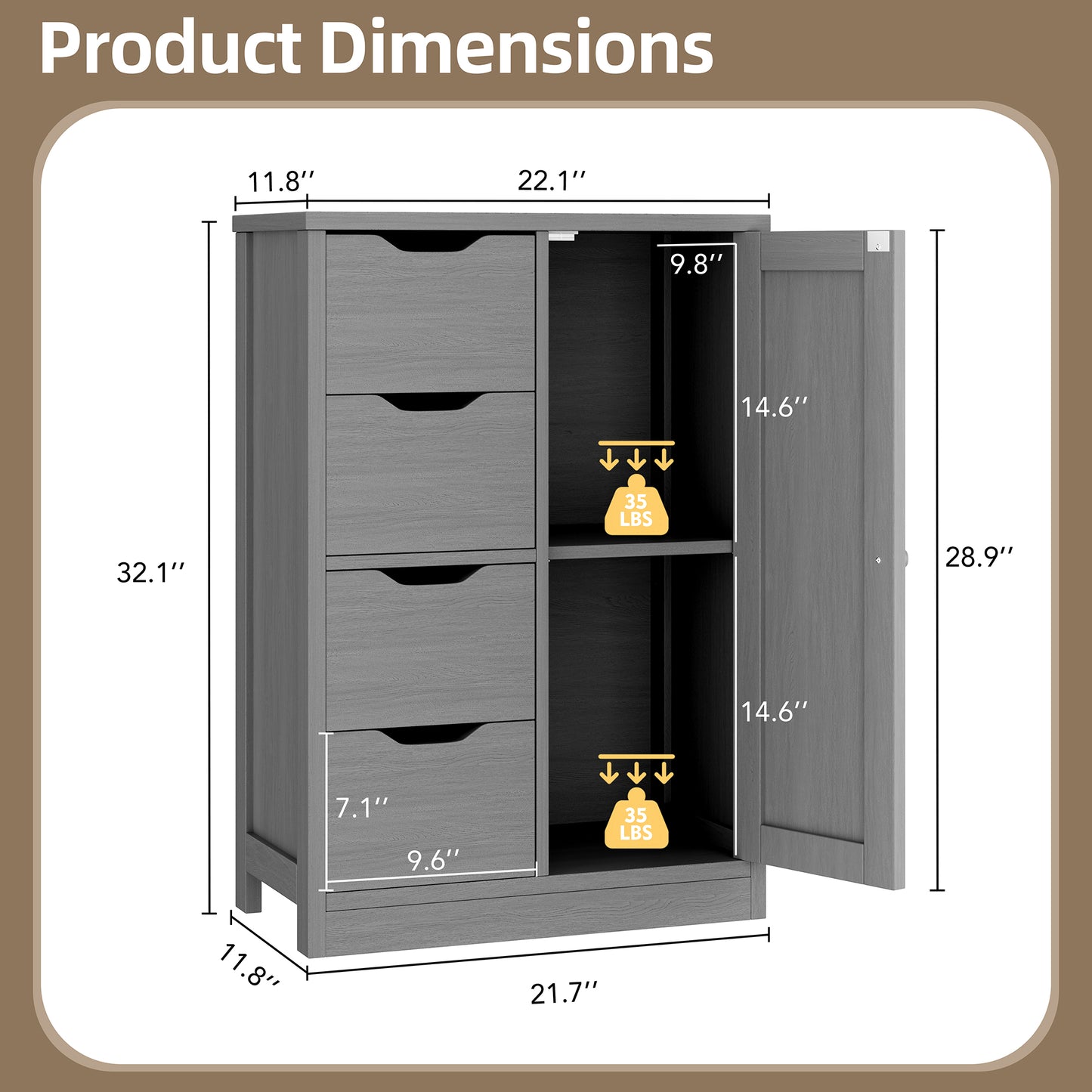 Shintenchi Bathroom Floor Storage Cabinet, Wooden Storage Organizer with 4 Drawers and 1 Cupboard, Freestanding Bathroom Furniture, Home Storage Unit with Adjustable Shelf