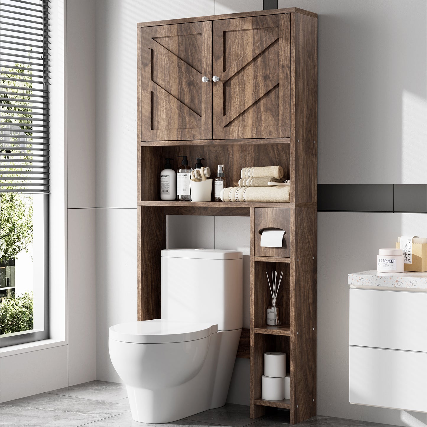 Walsunny Over The Toilet Storage Cabinet,Bathroom Adjustable Shelf Organizer with Open Bottom Bar and Anti-Tip Device White