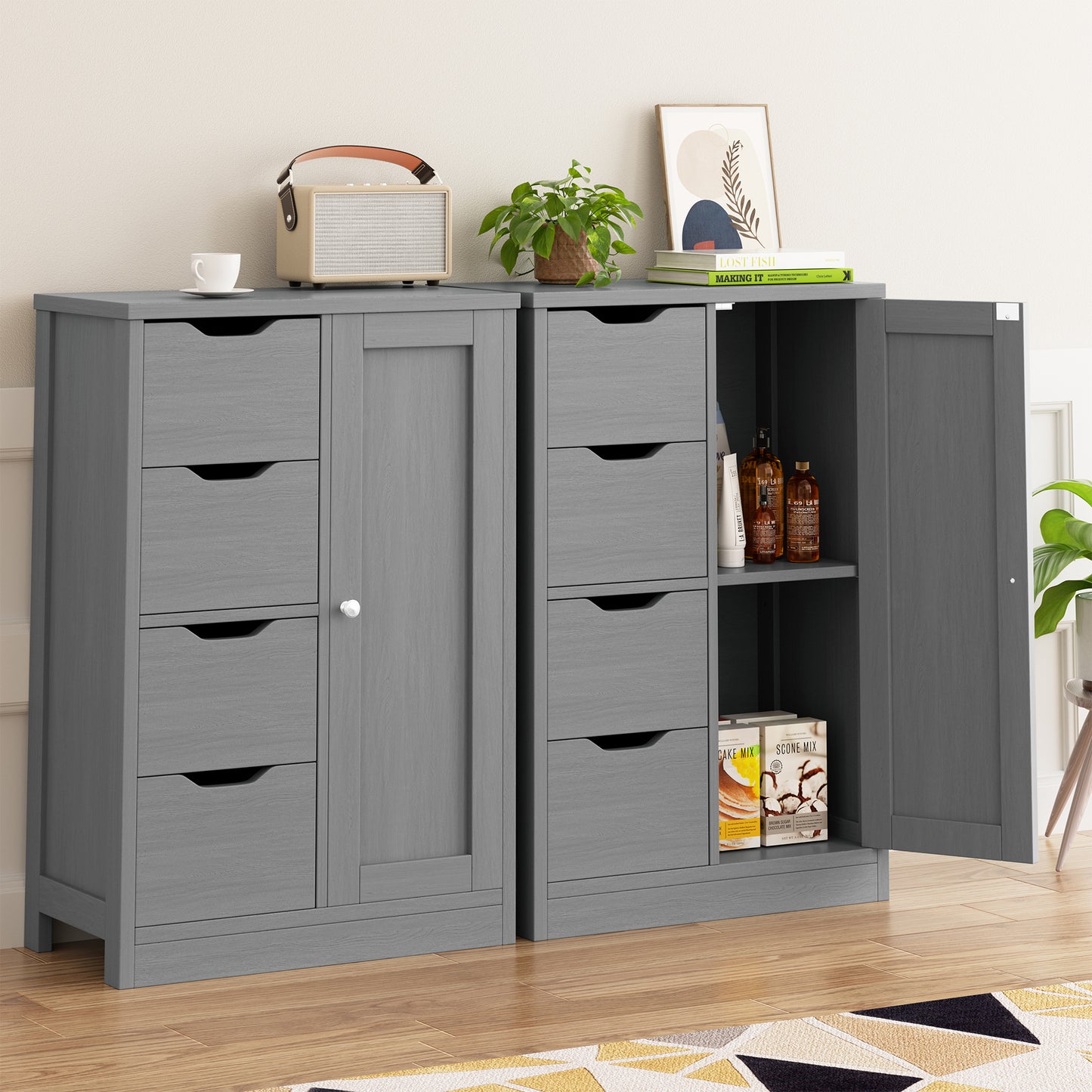 Shintenchi Bathroom Floor Storage Cabinet, Wooden Storage Organizer with 4 Drawers and 1 Cupboard, Freestanding Bathroom Furniture, Home Storage Unit with Adjustable Shelf