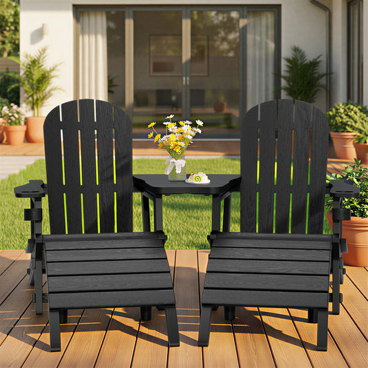 Walsunny Adirondack Chairs Set of 2 HDPE Outdoor Chair Set with Connecting Tray Cup Holder Removable Tabletop Pull-Out Footrest,All-Weather HDPE Outdoor Chair Set