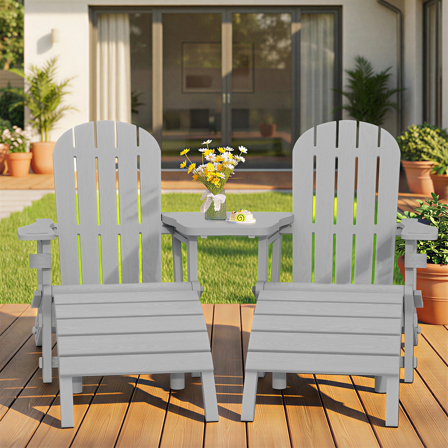 Walsunny Adirondack Chairs Set of 2 HDPE Outdoor Chair Set with Connecting Tray Cup Holder Removable Tabletop Pull-Out Footrest,All-Weather HDPE Outdoor Chair Set