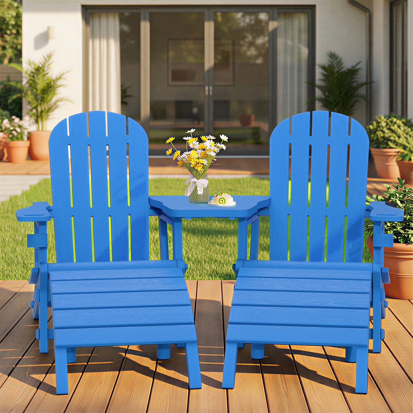 Walsunny Adirondack Chairs Set of 2 HDPE Outdoor Chair Set with Connecting Tray Cup Holder Removable Tabletop Pull-Out Footrest,All-Weather HDPE Outdoor Chair Set