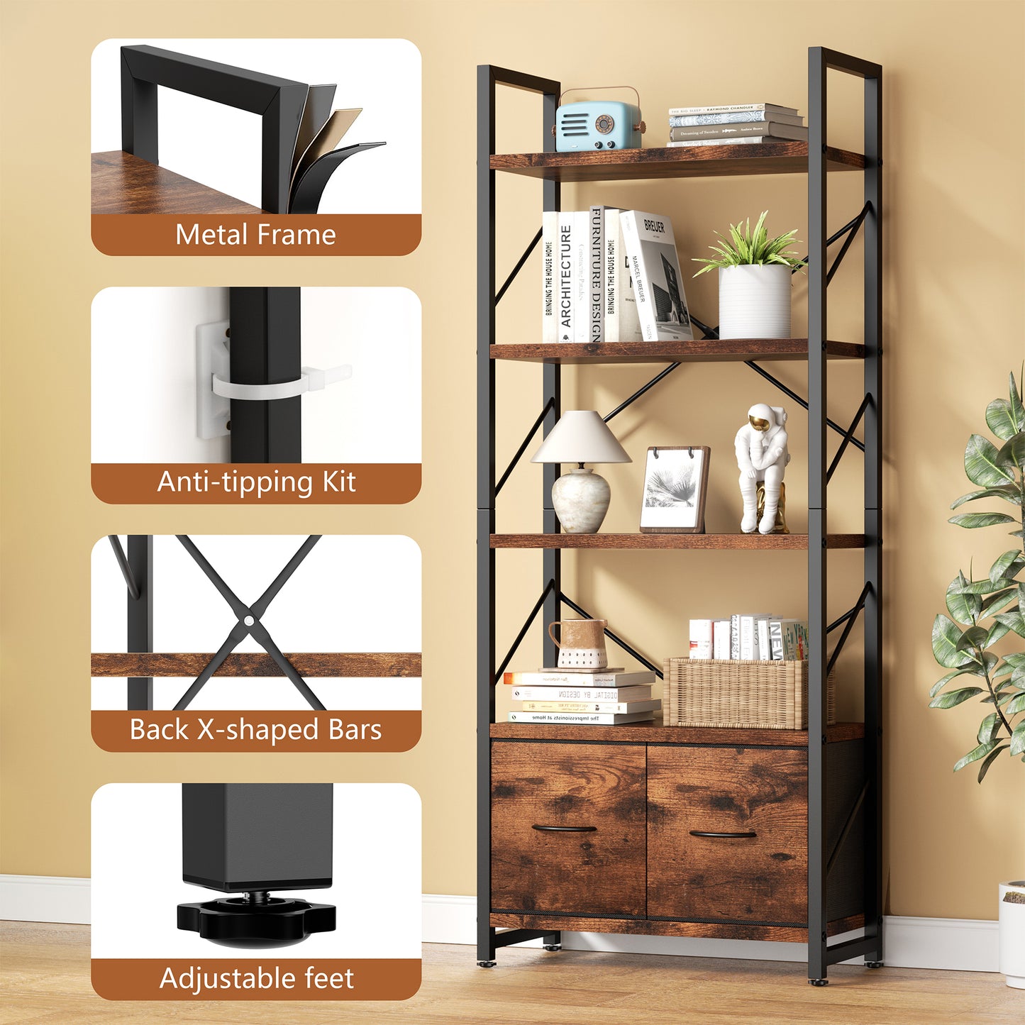 Walsunny Bookshelf Organizer, Solid Rubberwood Frame, Espresso Finish, 23.8" D x 12" W x 62.4" H