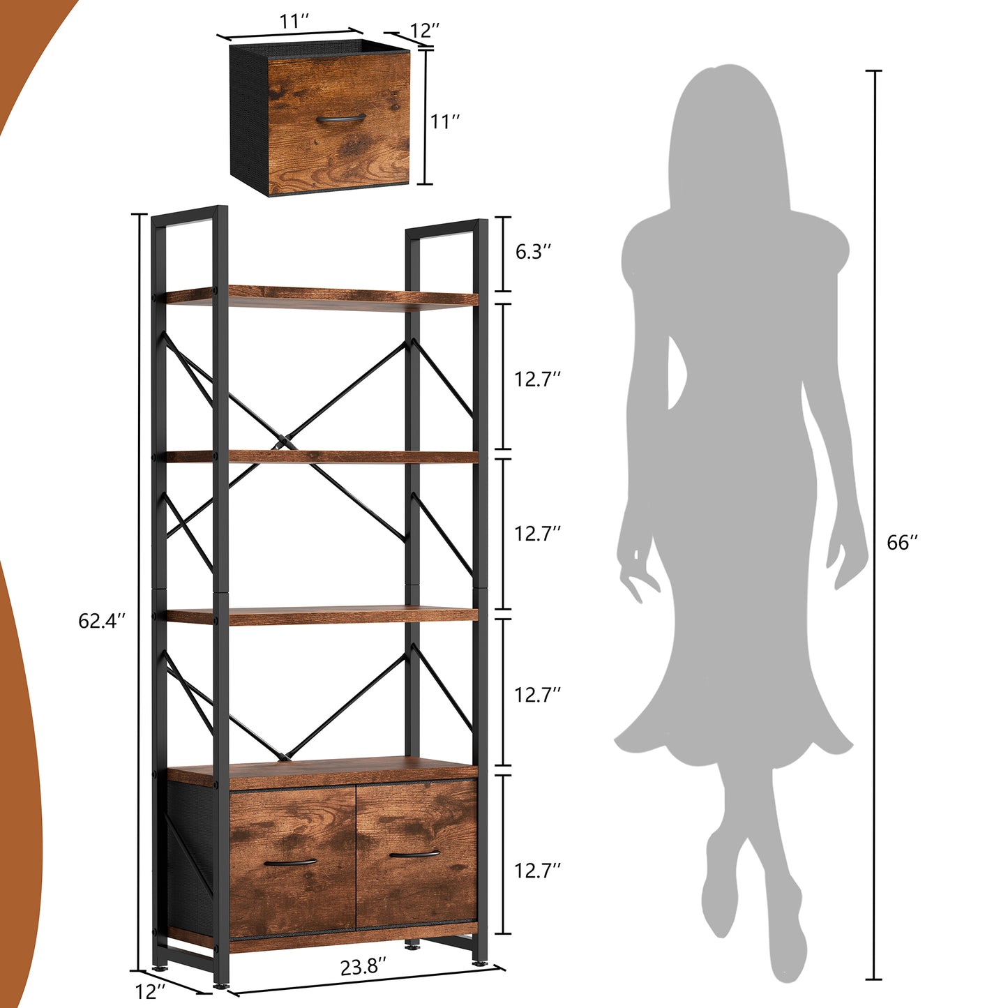Walsunny Bookshelf Organizer, Solid Rubberwood Frame, Espresso Finish, 23.8" D x 12" W x 62.4" H