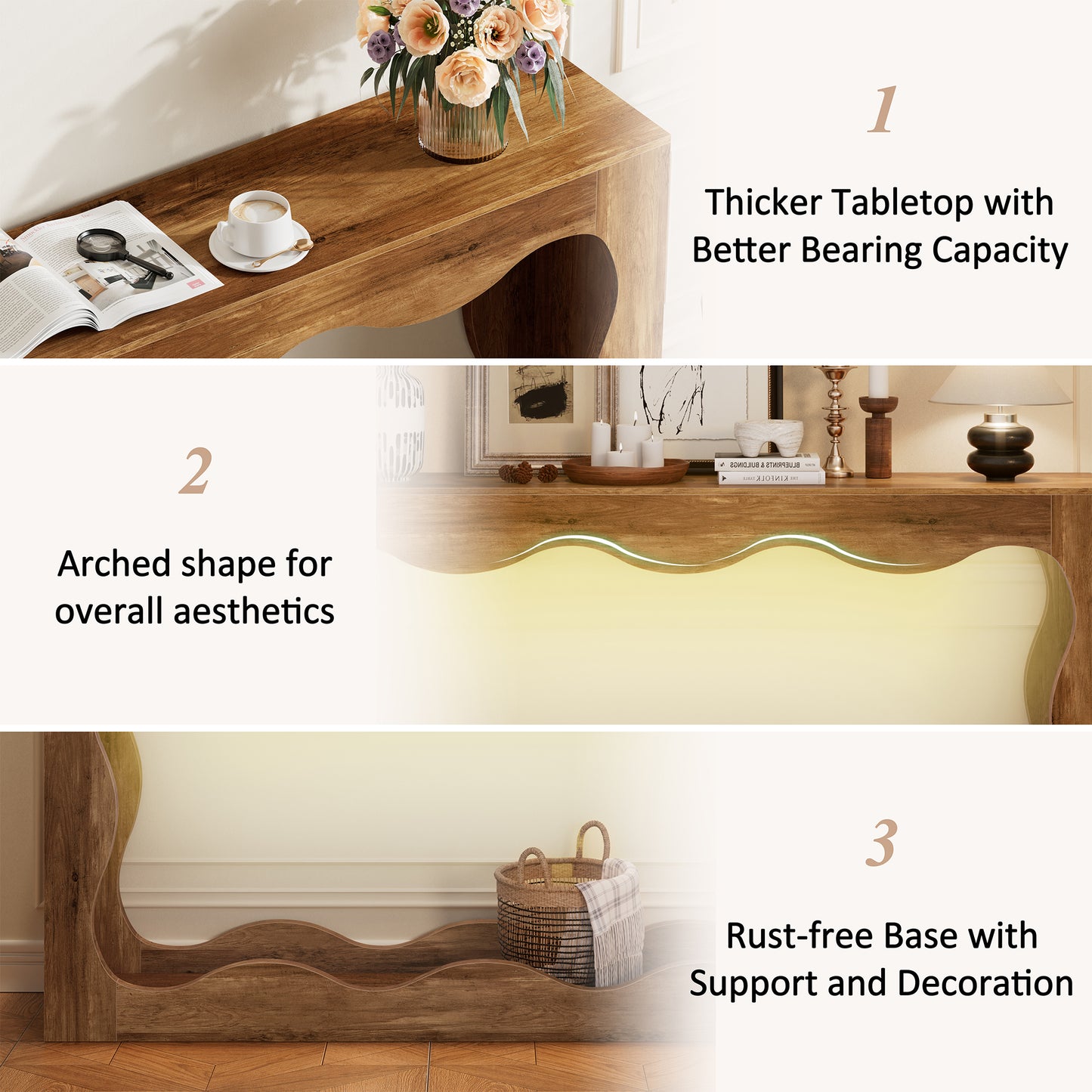 Walsunny Farmhouse Console Table, 63 Inch Scalloped Industrial Wooden Storage Entryway Accent Table, Wavy Console Table for Living room
